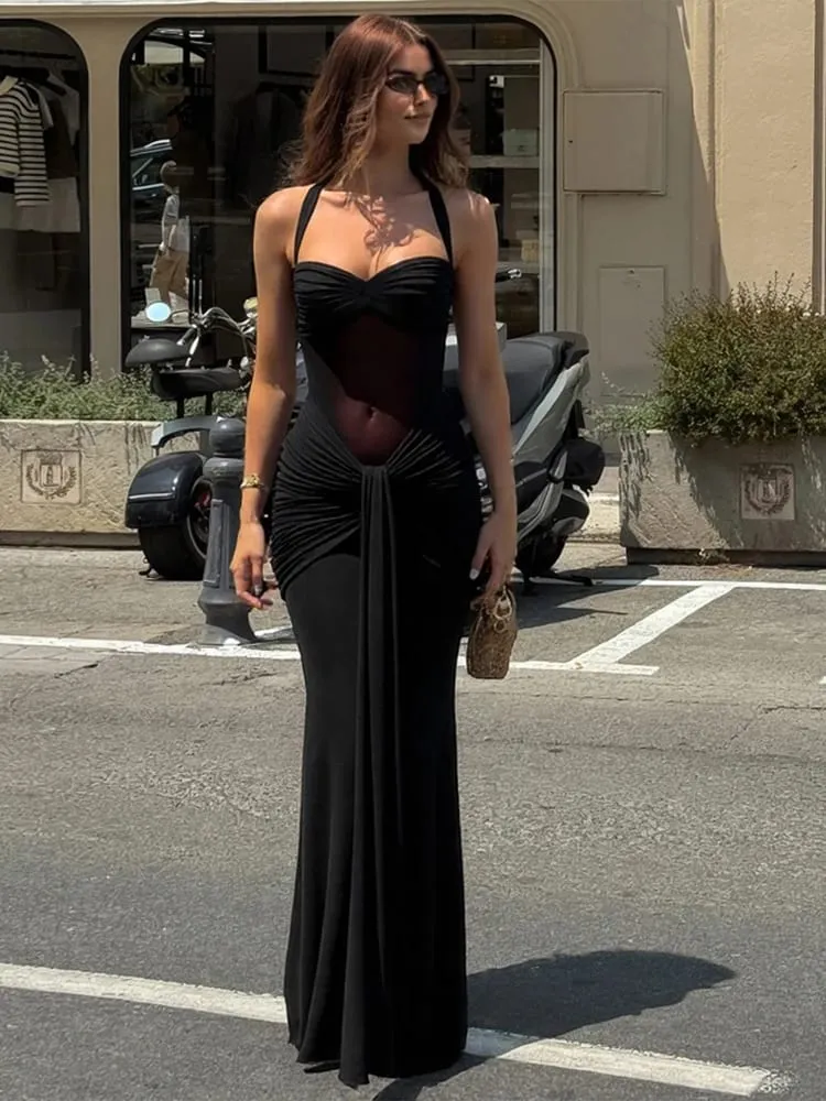 Nibber Halter Mesh Patchwork Kleid Frauen Sommer Trend Off Schulter Backless Geraffte Band Mitternacht Prom Party Hipster Vestidos