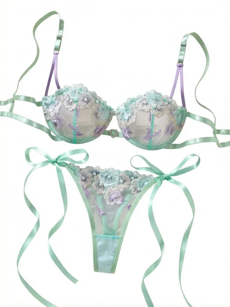 Women Sweet Flower Embroidered Lace Bra Set With Underwire Transparent Mesh Side Bow Panties Romantic Lingerie S-XL Sizes — image 1