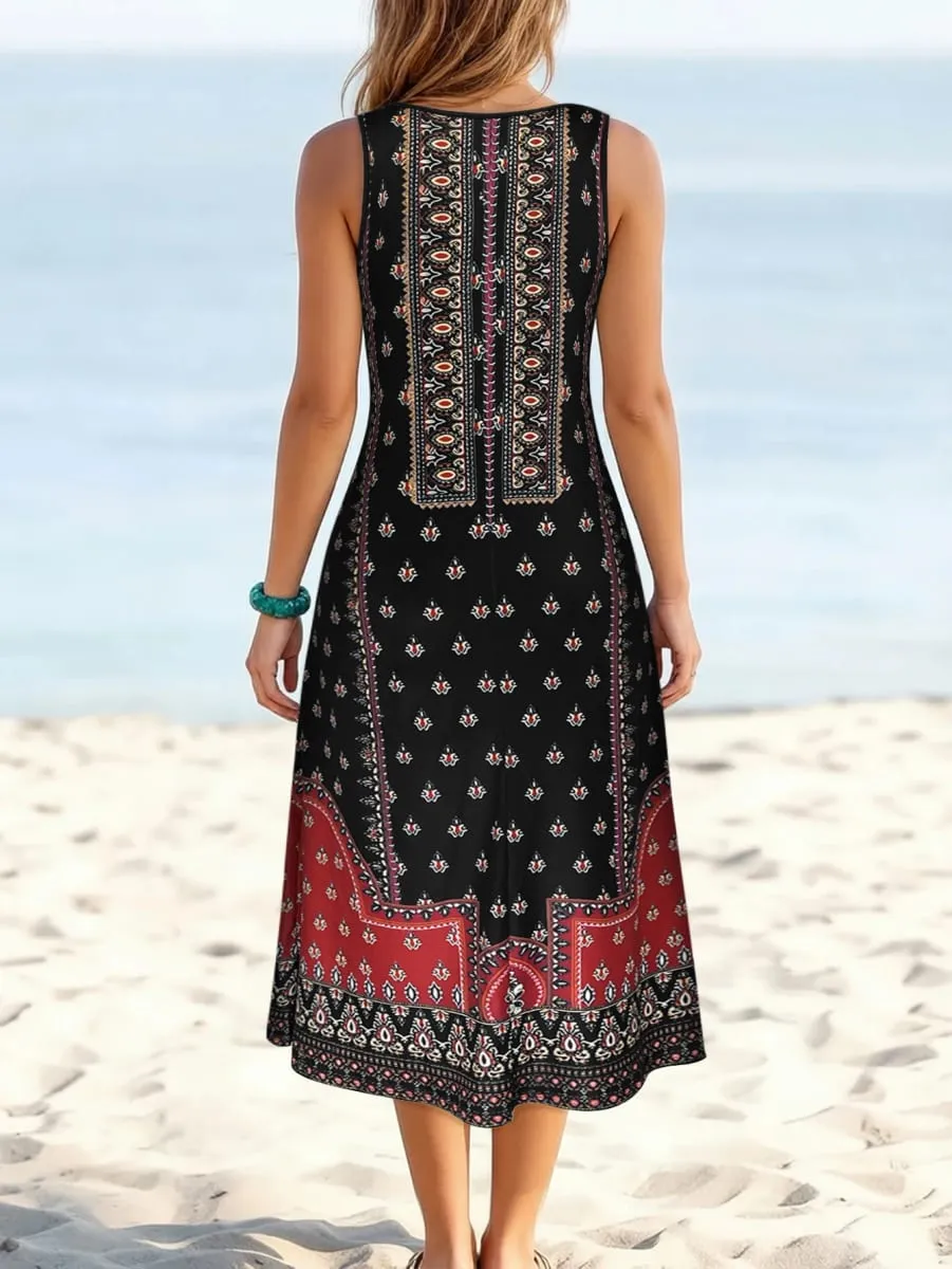 Women's Tribal Print Sleeveless Midi Dress Round Neck Loose A Line Casual Sundress Summer Beach Boho Vacation Dress — image 4