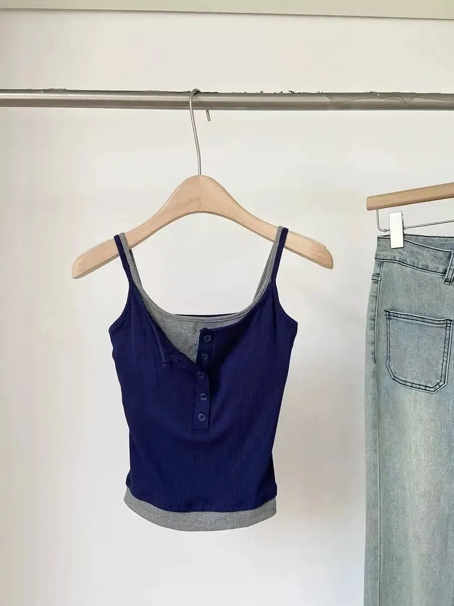 Fashion Fake Two Piece Camisole for Woman Spring Autumn Short Slim Fit Chest Pad Tank Women Korean Street Spicy Girl Clothes — image 5