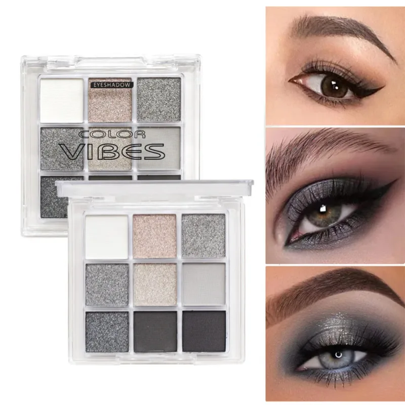 9‑Color Smoky Black Grey Eyeshadow Palette Matte Shimmer Cool Silver Gray Eye Makeup Palette High Pigment for Punk Party Stage