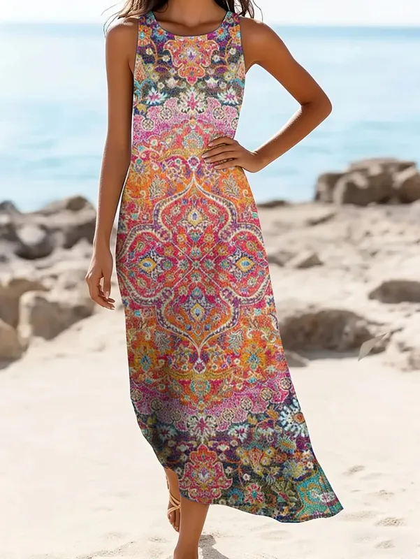 Women's Casual Dress with a Round Neck Sleeveless Featuring Paisley Pattern Print Leisure Bohemian Trendy V-neck Ankle-length — image 5