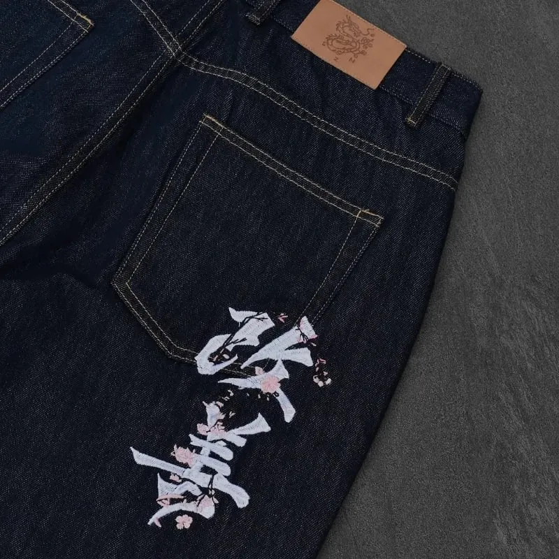black jeans Harajuku hip hop Fromszn raw baggy jeans Y2K embroidery retro art font unisex woven washed patchwork wide leg pants — image 5