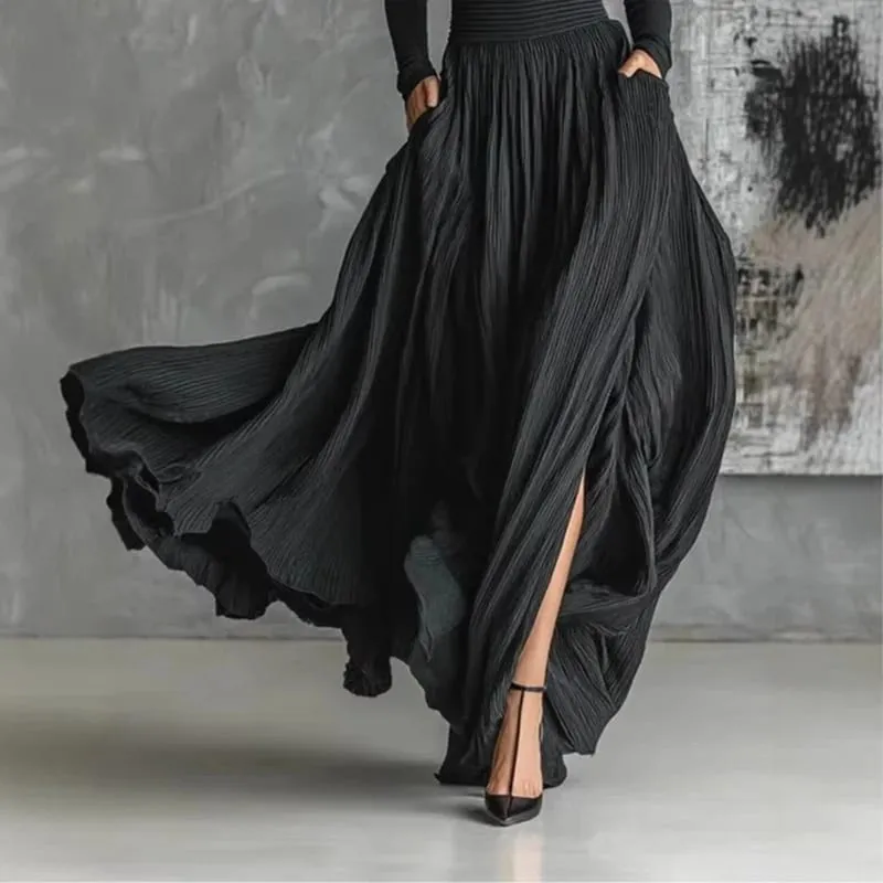 Francie Elegantní dvoudílná sukně pro dámské kapsy Pevný minimalistický dělený lem plisovaný A Line Vintage slim obleky s rolákem