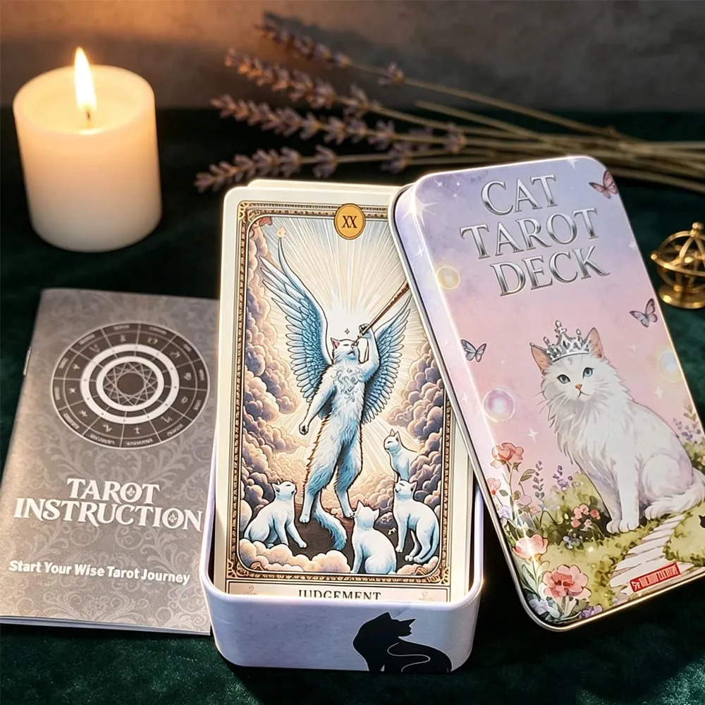 78 Cards with Guidebook Cat Tarot Deck Cute White Cat Theme Tarot Cards Fortune Telling Cards in Portable Tin Box 11*6.2cm