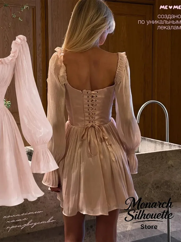 Elegant Square Collar Ruffle Trim Dress Women Chic Solid Full Sleeves Waist Cinching Short Dresses Lady Sexy Street Robes New — image 5