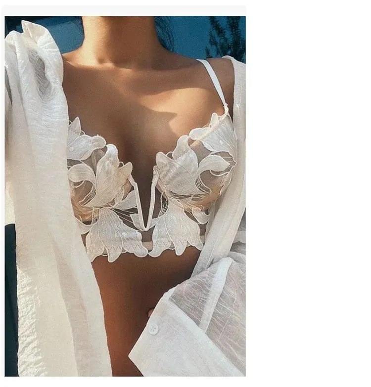 Sexy French Lace Embroidery Brassiere Lingerie Set Women's Underwear Set Push Up thin Bralette Deep V Bra and Panty Set — image 1