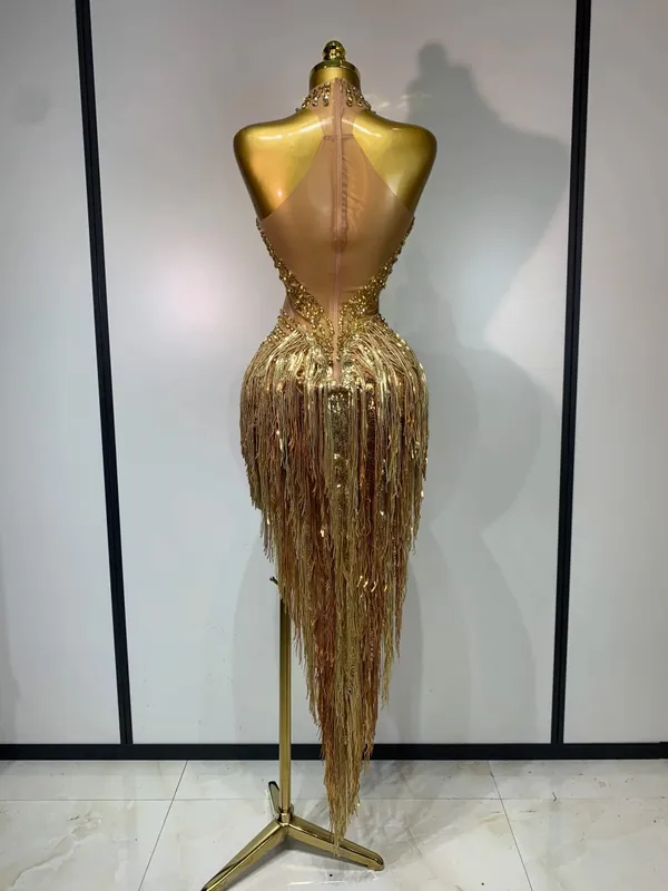 Costume di scena sexy scintillante strass maglia trasparente paillettes nappa sera festa di compleanno discoteca danza cantante vestito