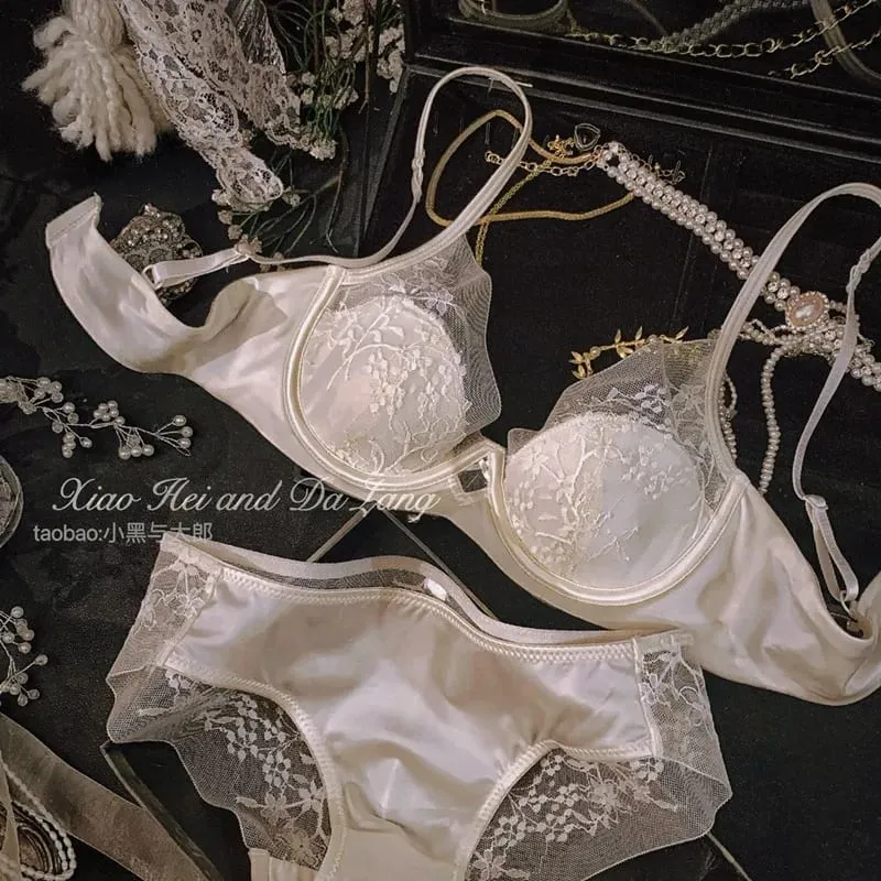 Lace Satin Lingerie Set for Summer Small Chest Gathering Soft Steel Ring Support Anti Sagging Bra Underwear Two-Piece Set — image 3