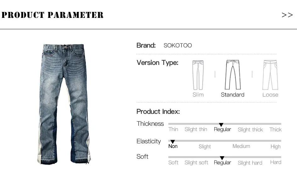 Men Spliced Flared Denim Jeans Patchwork Boot Cut Pants Streetwear Contrast Color Released Hem Blue Trousers — image 7