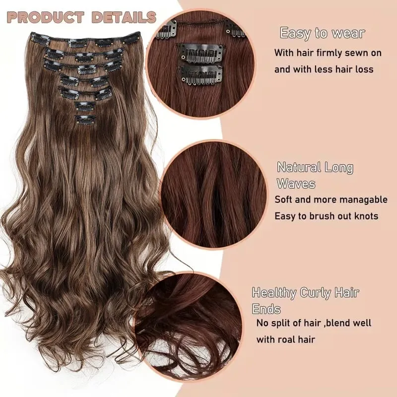 Synthetic 24Inch 7pcs/set Long Curly Clip In Hair Extensions Heat Resistant Fluffy Hairpiece for Women Daily Party Use — image 4