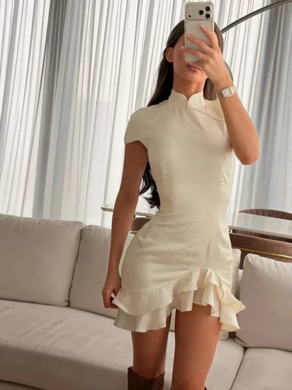 Chic Strawberry Print Ruffle Dress 2026 Deep V Neck Long Puff Sleeve Ruched Waist Mini Dresses Spring Sweet Café Meetup Vestido
