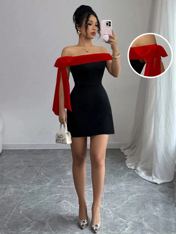 Women Off Shoulder Mini Dress Red Big Bow Spliced Bodycon Short Dresses Elegant Slim Fit Black Little Dress Night Club Party Birthday Outfits Evening Gown