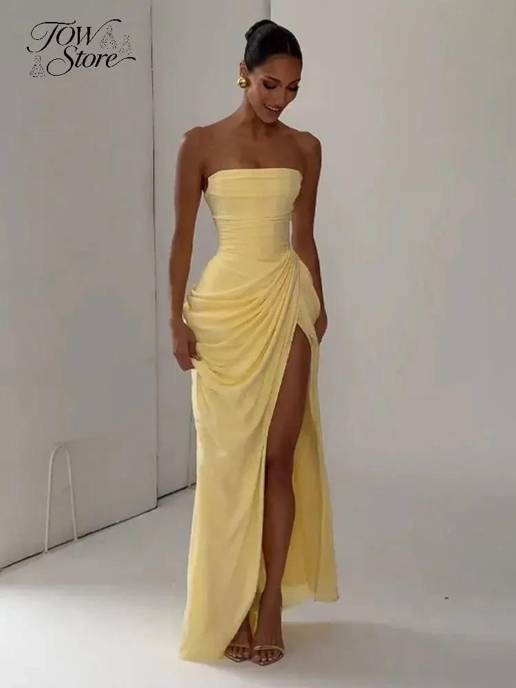 Women Sexy Solid Pleated Strapless Dress Lady Chic Off-shoulder Backless High Waist Split Dresses 2026 Summer Evening Party Gown — image 2