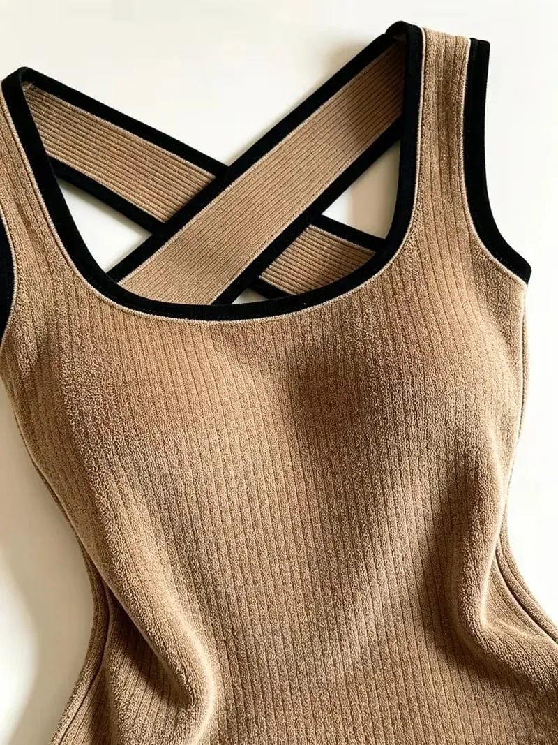 Women Ribbed Knit Bodysuit Sleeveless Tank Top Crisscross Back Black Contrast Trim Slim Stretch Casual Streetwear — image 5