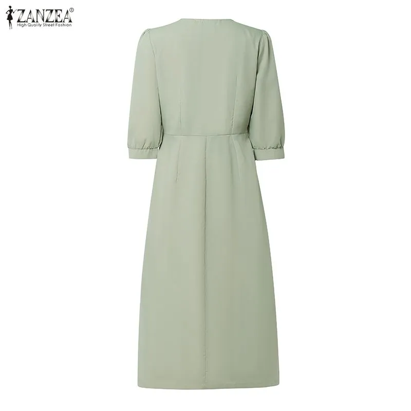 2026 ZANZEA Stylish Split Hem Dress Women Summer Sundress V Neck Half Sleeve Holiday Midi Robe Casual Solid Color Work Dresses — image 5
