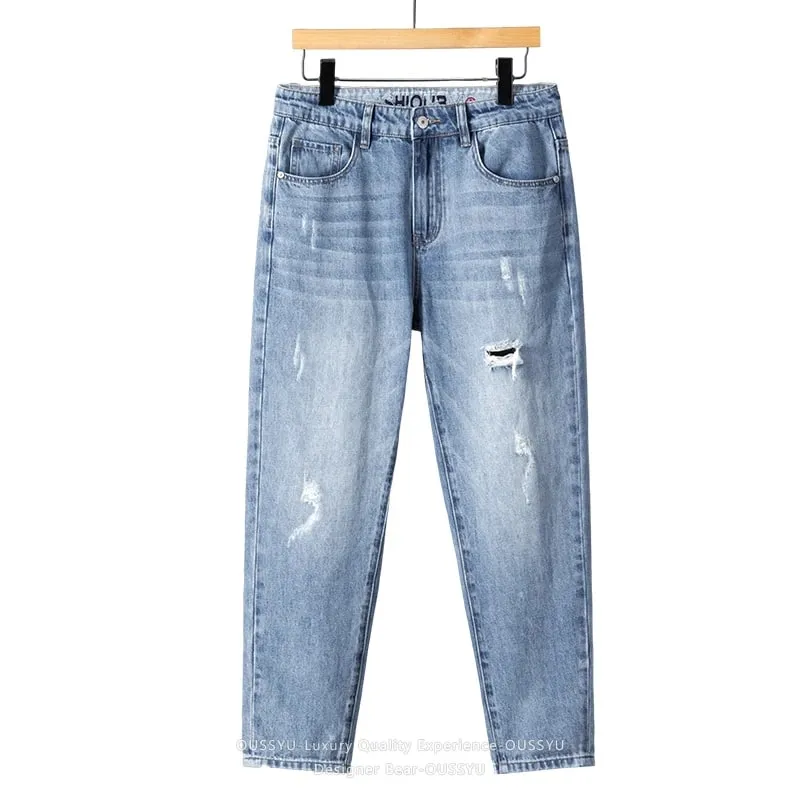 2026 Men's Spring Summer Ripped Hole Jeans Korean Style Straight Leg Casual Harem Denim Pants Distressed Washed Baggy Trousers — image 5