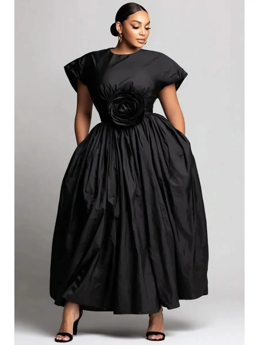 Women Plus Size Midi Dress Rose Applique Ball Gown Round Neck Short Sleeve High Waist Elegant Formal Party Dress with Pockets — image 2