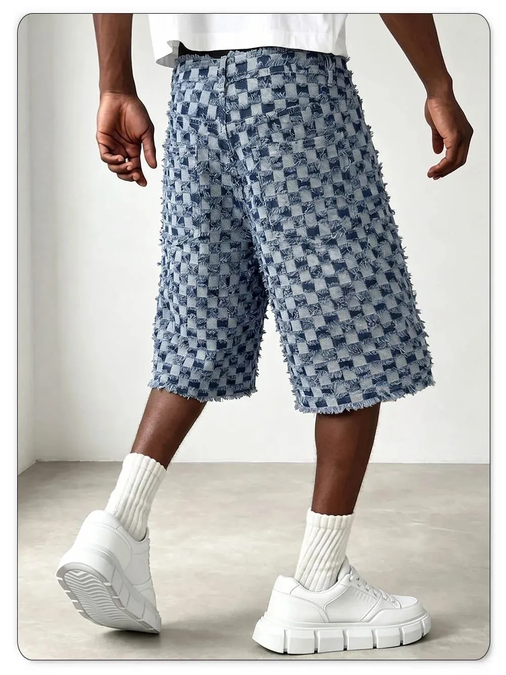 Men Fringe Checkerboard Jacquard Jean Shorts Casual Loose Wide Leg Raw Hem Knee Length Shorts Summer Bermuda Jeans — image 7