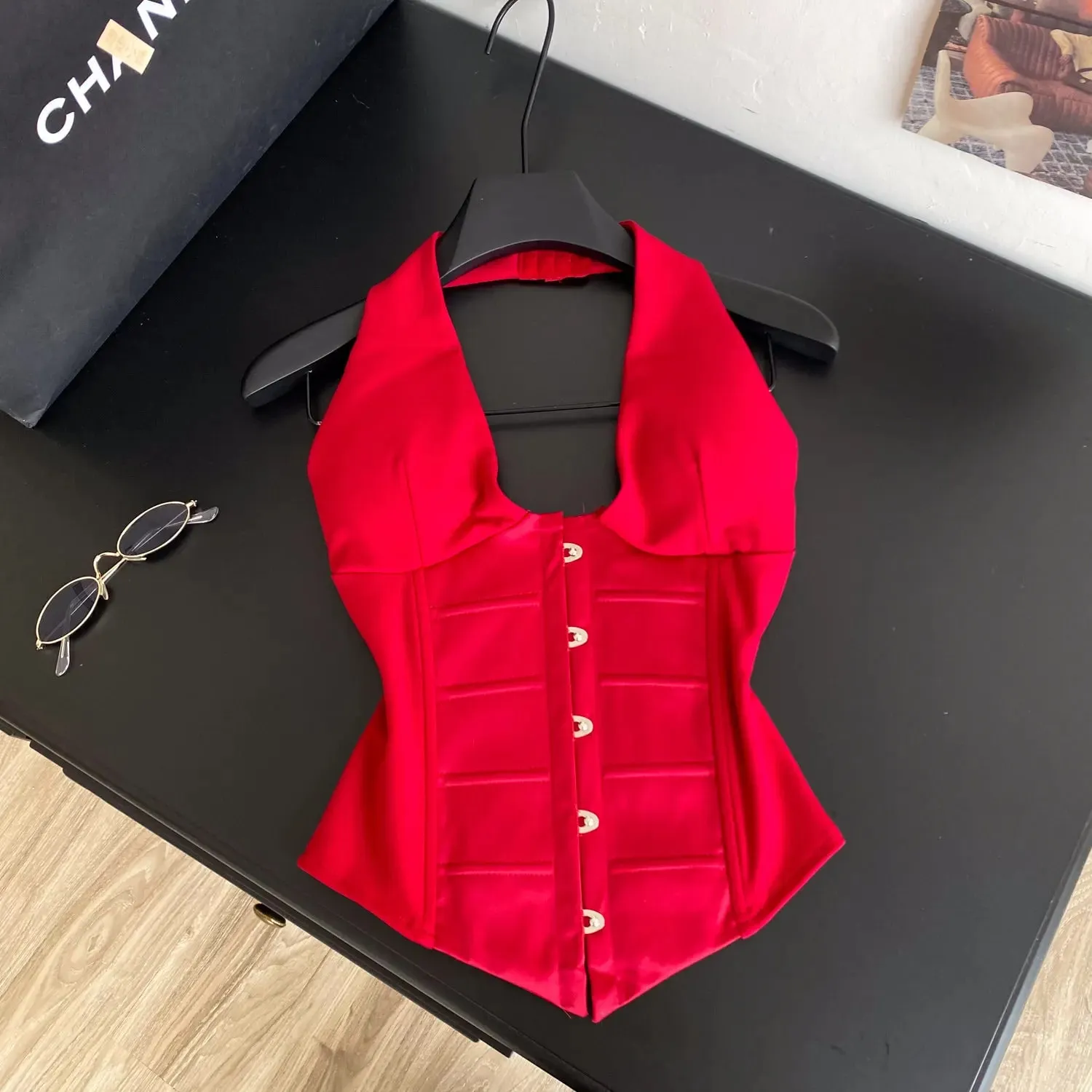 Halter Vintage Pleated Tank Top Korean Fashion Corset Bustier Summer Hotsweet Women Y2k Crop Top Camis — image 3