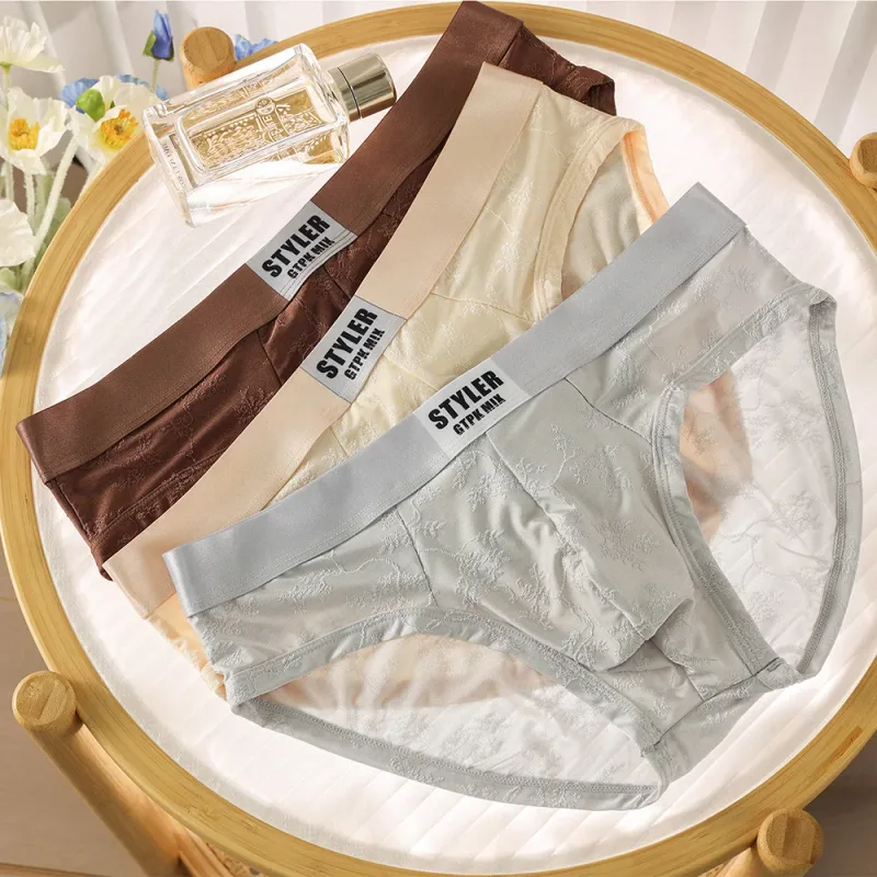 1/3PCS Sexy Perspective Men's Briefs Luxury Jacquard Smooth Ice Silk Mens Intimate Underwear Breathable 3D Mesh Pouch Lingerie — image 17