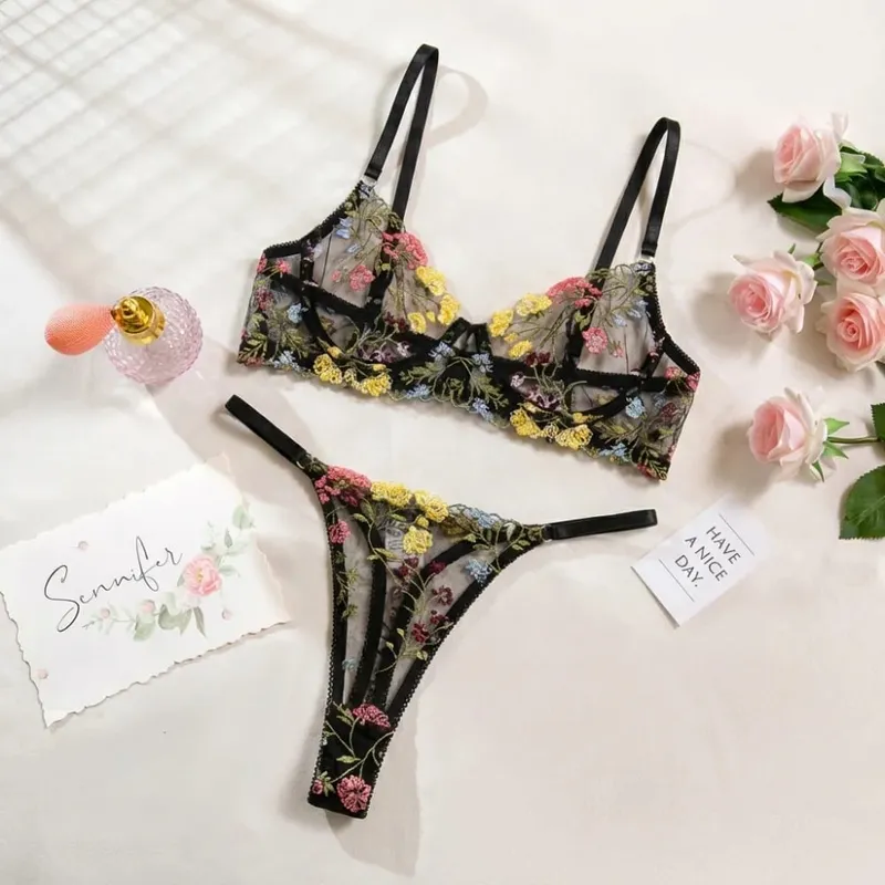 2-Piece Bohemia Floral Lingerie Set Embroidery Versatile Underwear Intimates Sheer Underwire Push-up Bra Panty Set For Lady Girl