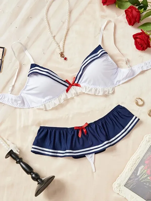 Sailor Schoolgirl Cosplay Lingerie Set Navy Uniform Ruffle Lace Bow Trim Roleplay Outfit