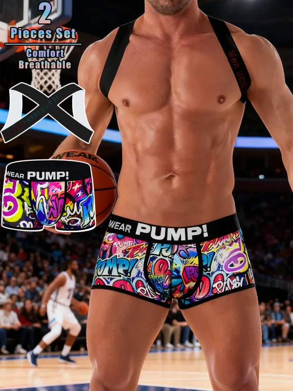 Men's 2-Piece Graffiti Print Boxer Brief & Shoulder Strap Set - "WEAR PUMP!" Logo, Comfort Breathable Athletic Underwear