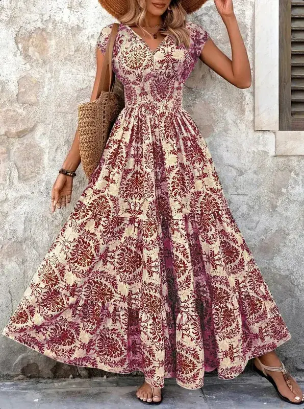 2026 Vintage Floral Print Dress Elegant V-Neck Short Sleeve Long Women's Fashion Retro Gown — image 3