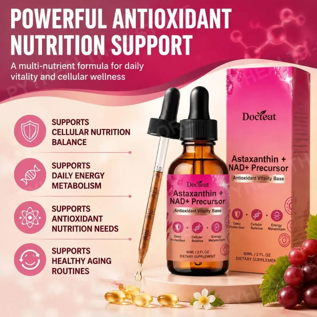 Docteat Astaxanthin+ NAD+ Precursor Liquid Supports Cellular Nutrition and Energy Metabolism Antioxidant Vitality Base 60 Ml — image 5