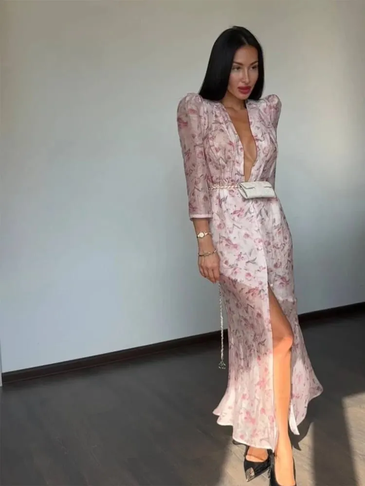 Fashion Sexy Organza Floral Printed Maxi Dress V-neck Puff Sleeve 2026 New Summer Romantic Women Party Gown Elegant Lady Vestido — image 3