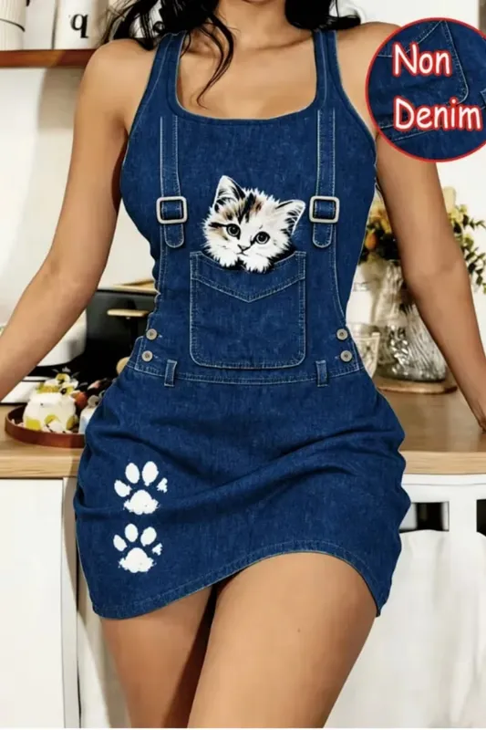 Women’s Spring and Summer Casual Home Wear Tailored Waistcoat with Sleep Dress Faux Denim cartoon Cat Print Sleeveless Sleep