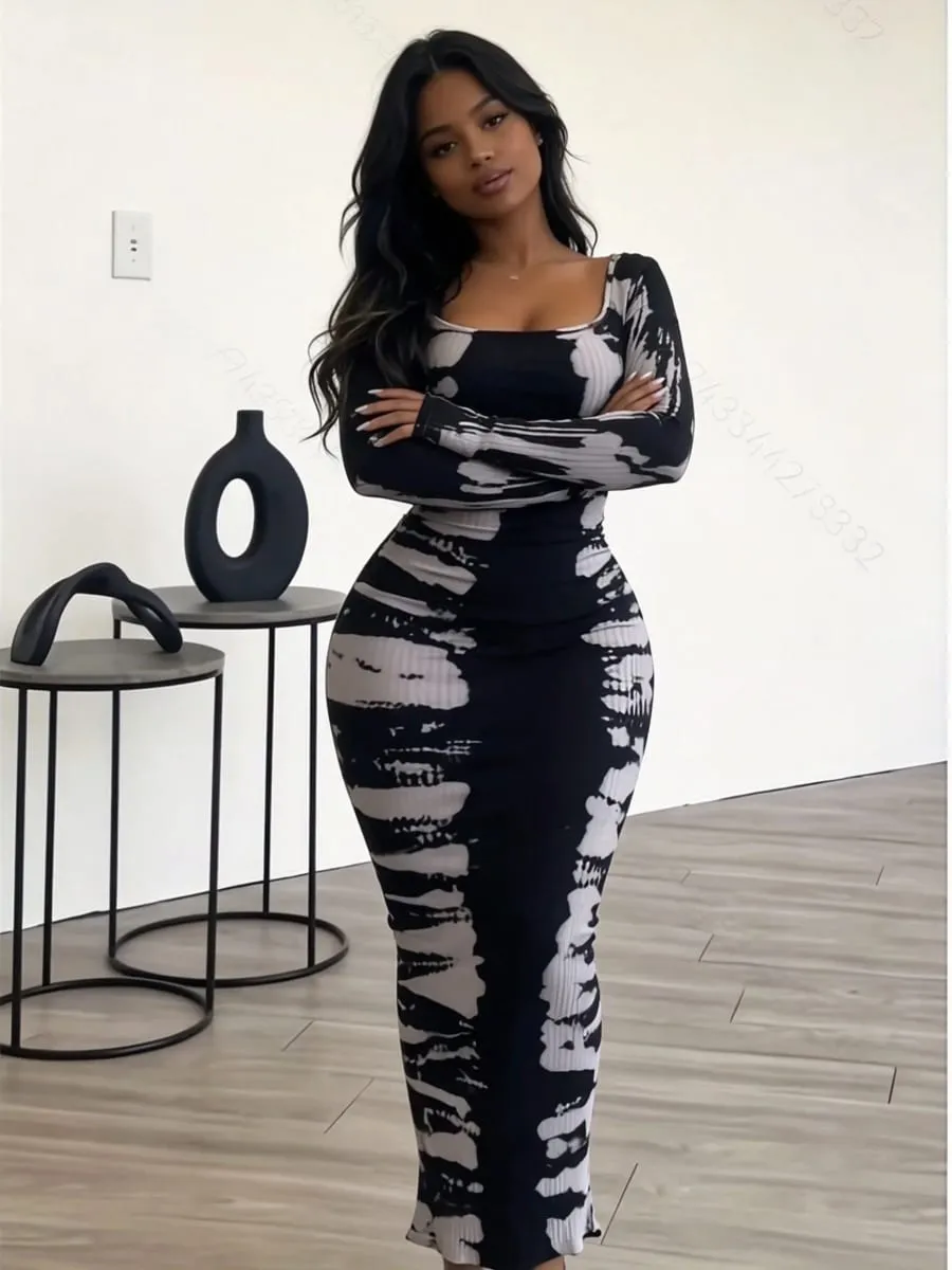 Slim Fit Hip Hugging Long Dress Square Collar Long Sleeves Waist Cinching Figure Show off Square Collar Long Skirt — image 4