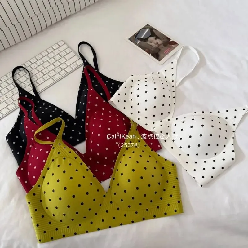 American Retro Polka Dot Bra Seamless Deep V Wireless Jelly Support Anti Sagging Lingerie Set Sexy Comfort MOYISU Sexy Bra Set — image 4