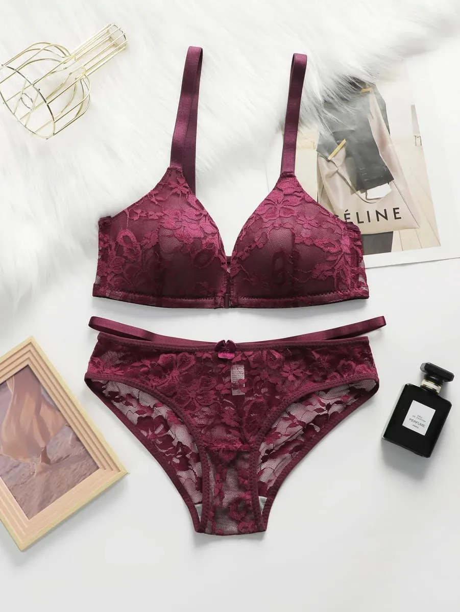 Women Sheer Lace Bra Set Front Hook Closure Wireless V Neck Brassiere Burgundy Floral Lace Underwear Panties Suit Sexy Lingerie — image 8