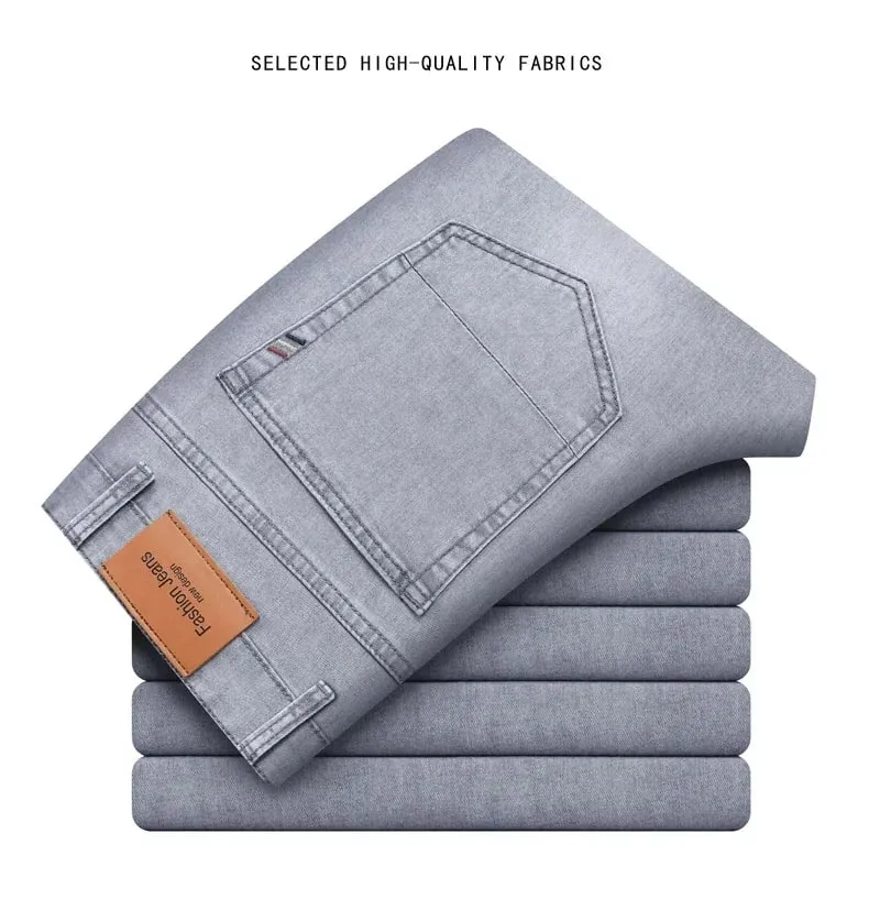 Zomermerk Heren Fit Rechte lichtgewicht katoenen stretchjeans Business Casual Hoge taille Dunne lichtgrijze jeans herenbroek