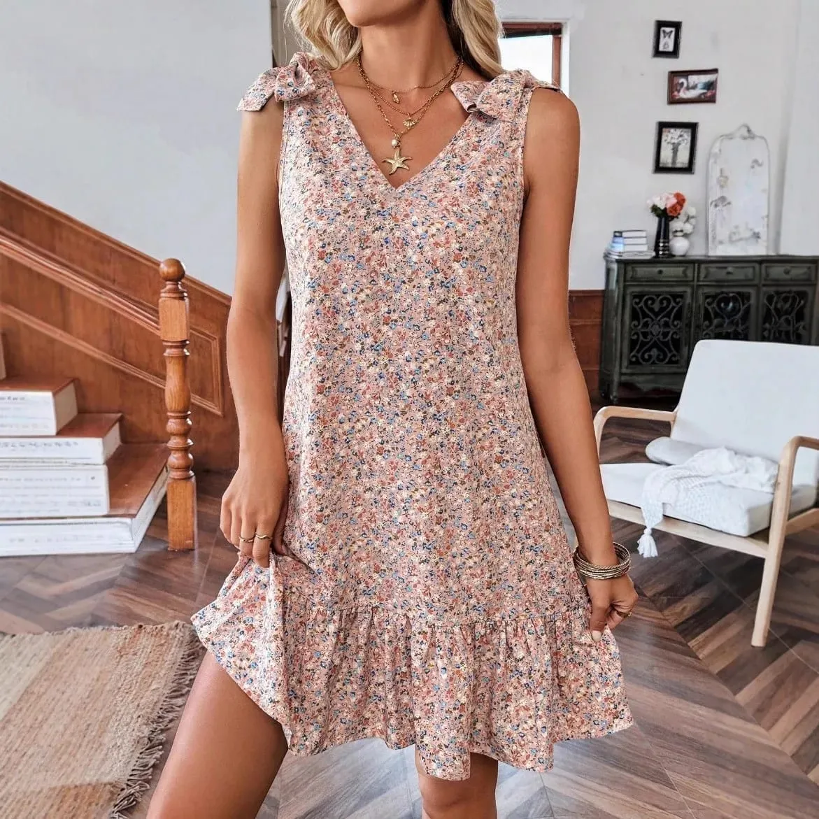 Summer Woman Dress Floral Chiffon Midi Dresses Women's V Neck Sundress Boho Spaghetti Strap Dress Ruffle A Line Pastel Floral — image 4
