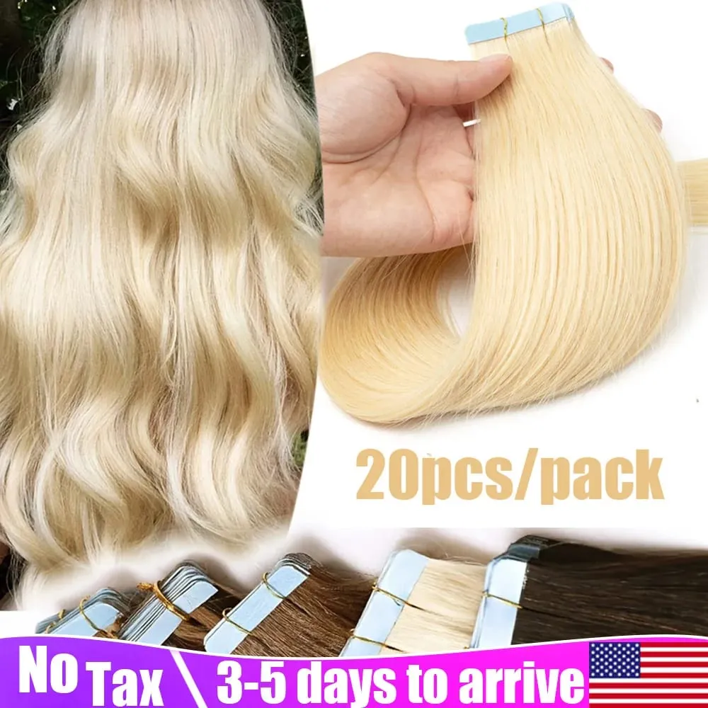 Blonde Straight Tape In Hair Extensions Human Hair 20pcs/Pack Straight Natural Black Blonde Brown Tape Ins Hair Extensions 12-20inches Seamless Double Side Skin Weft Tape In Hair Extensions For Women — image 1