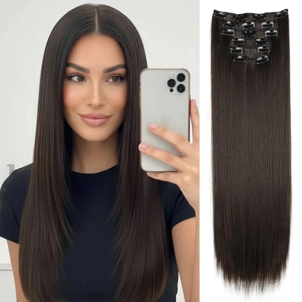 Black Hair Extensions 24"/60cm 6pcs/set Women Long Straight Synthetic Full Head Clip 16 Clips Ombre Heat Resistant Fiber Hair — image 16
