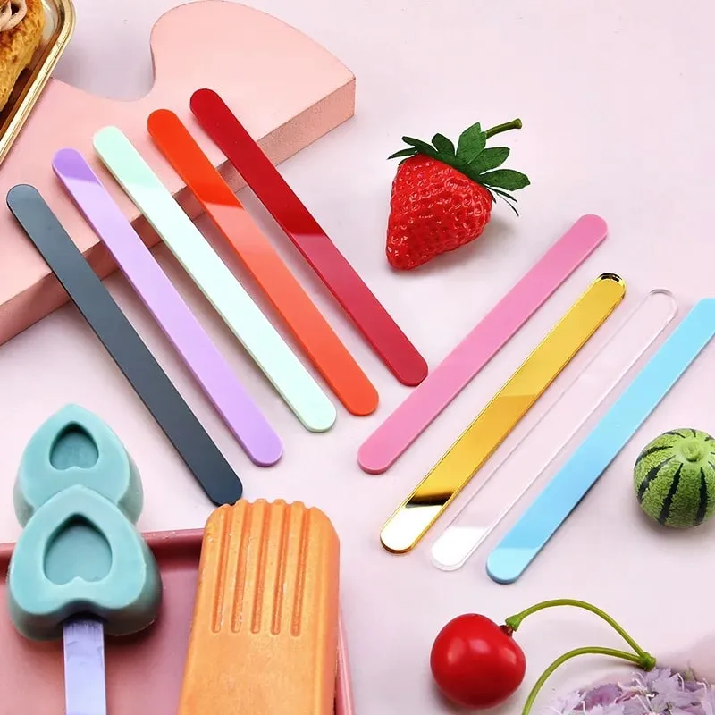 Food Grade Acrylic Ice Cream Sticks 10pcs/set Colorful Light Popsicle Stick Stirring Rod Distinguishing Labels Kitchen Tools