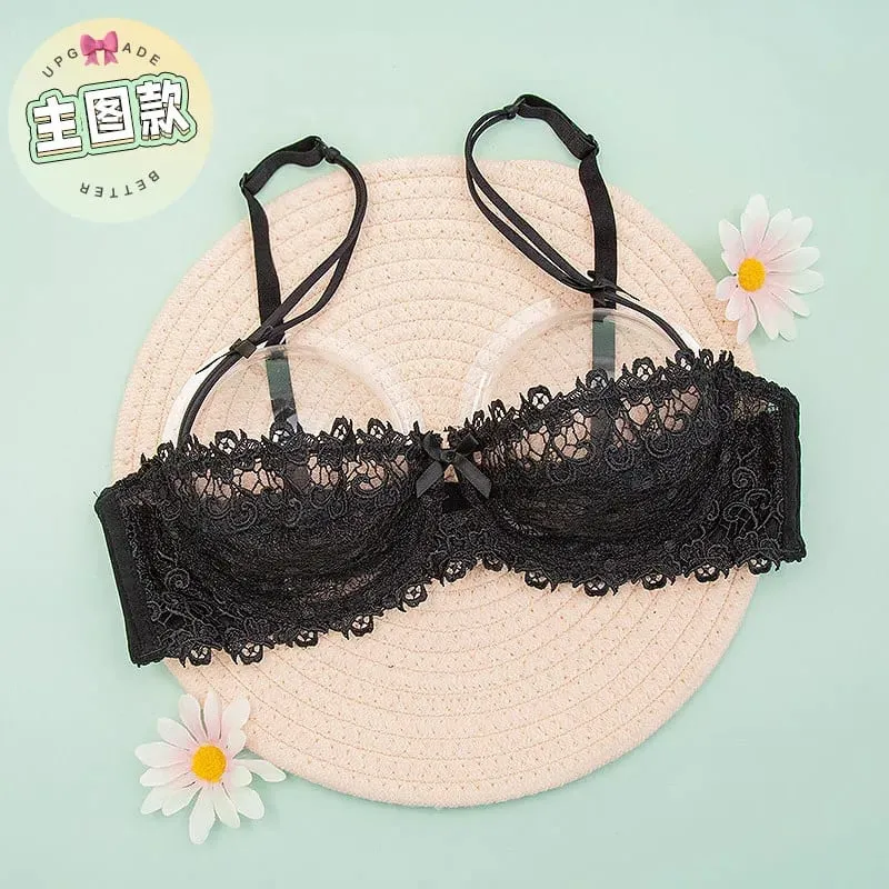 Sexy Lace Bra Set Women Plus Size Sheer Half Cup Push Up Lingerie Ultra Thin Transparent Concealed Nipple Underwear Hot — image 8