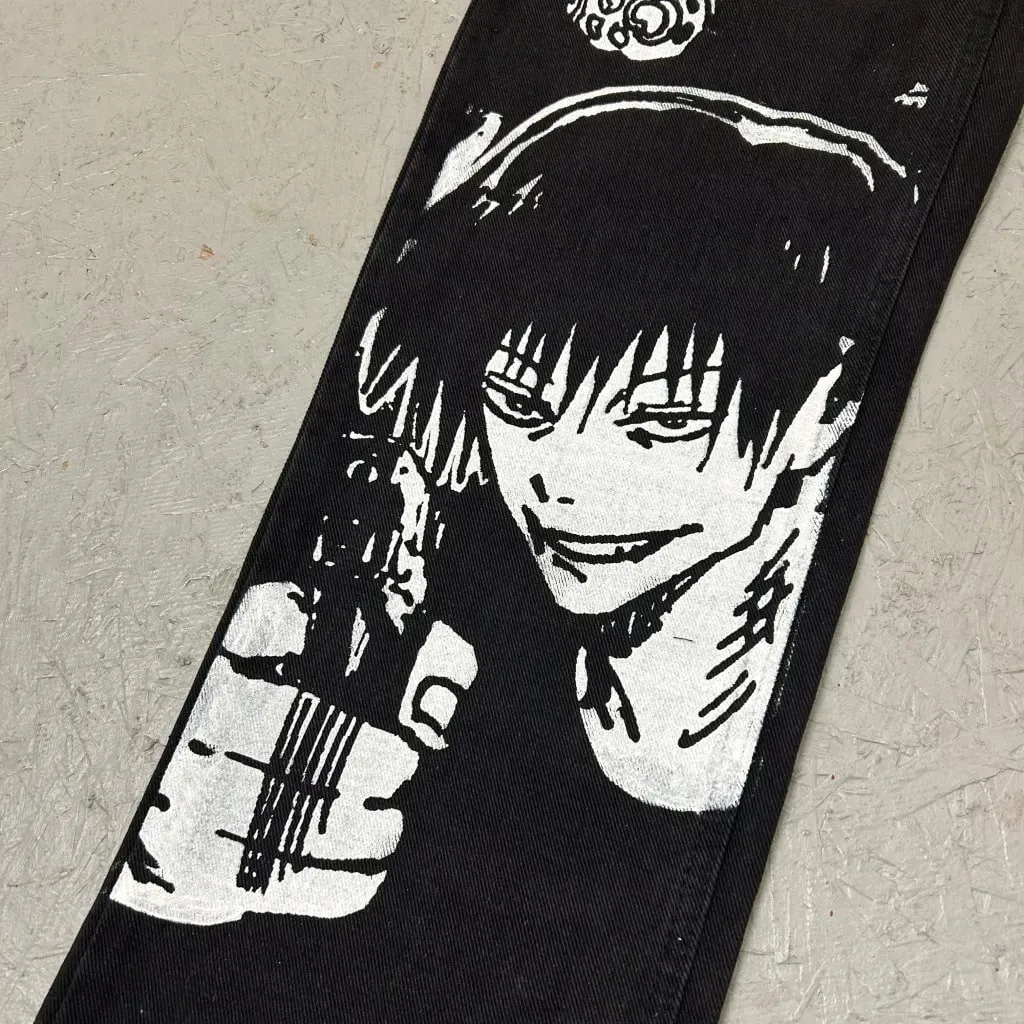Harajuku anime characters printing jean new wide leg denim pants y2k mens jeans streetwear style couples trouser black jeans — image 4