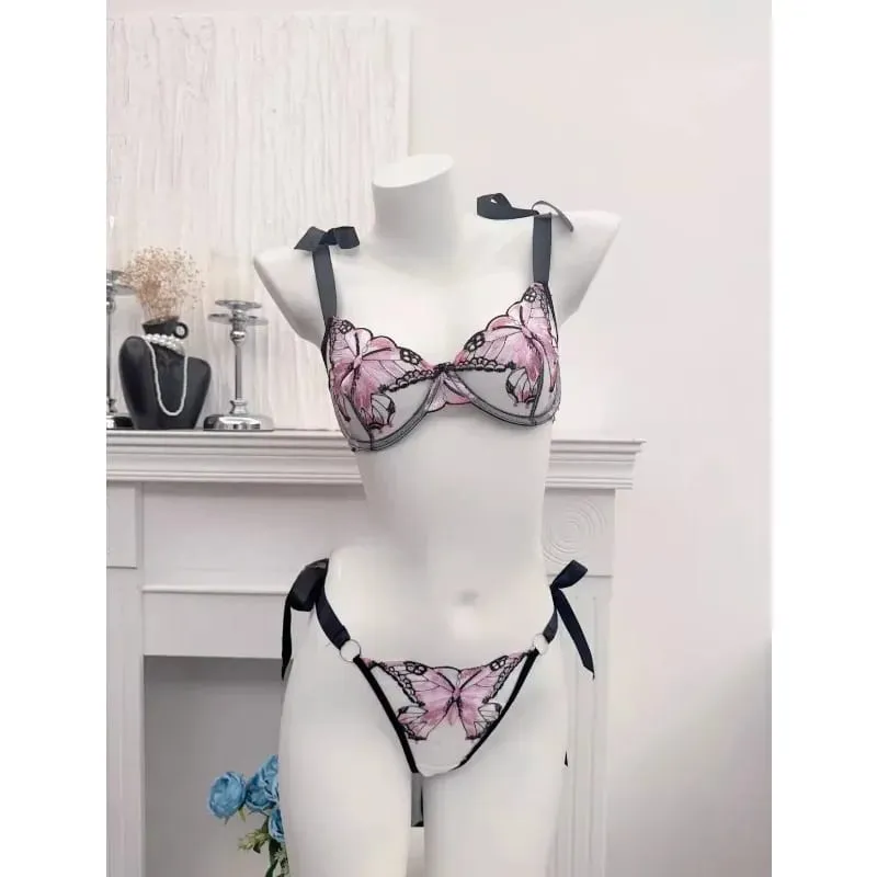 Reggente Pizzo Francese Farfalla Rete Trasparente Spalline Elastiche Senza Spugna Set Intimo S-XL Nuovo Morbido — image 5