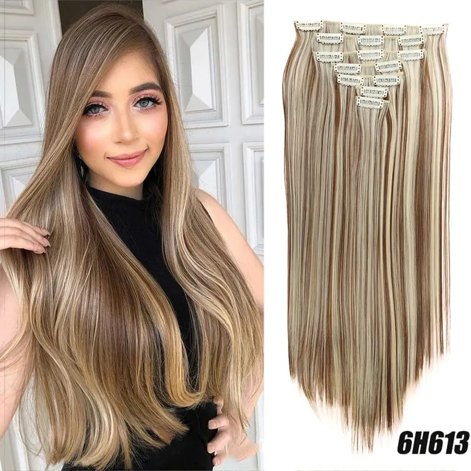 Synthetic 7-piece set with 16 card synthetic straight hair extensions suitable for women's daily party use — image 13