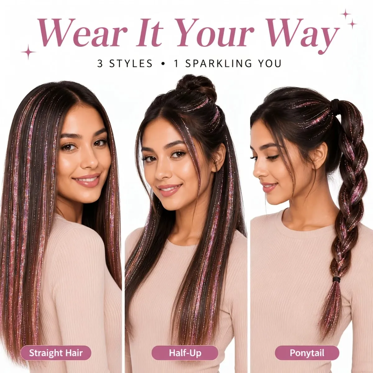 4pcs Clip-In Hair Tinsel Extensions Sparkly Holographic Glitter Hair Strands with Snap Clips Reusable Easy-To-Wear Hair — image 4
