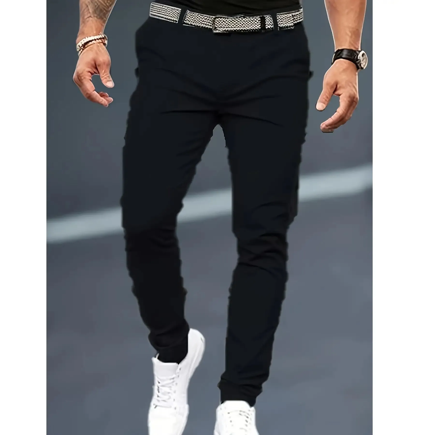 Men's new fashionable and trendy casual slim fit black and white leg binding jeans — image 5