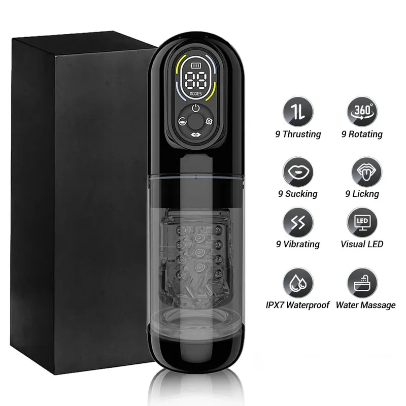 Automatic Male Masturbator 9 Vibrating Thrusting Rotation Sucking Licking Modes LED Display Penis Pump Sex Toys for Men