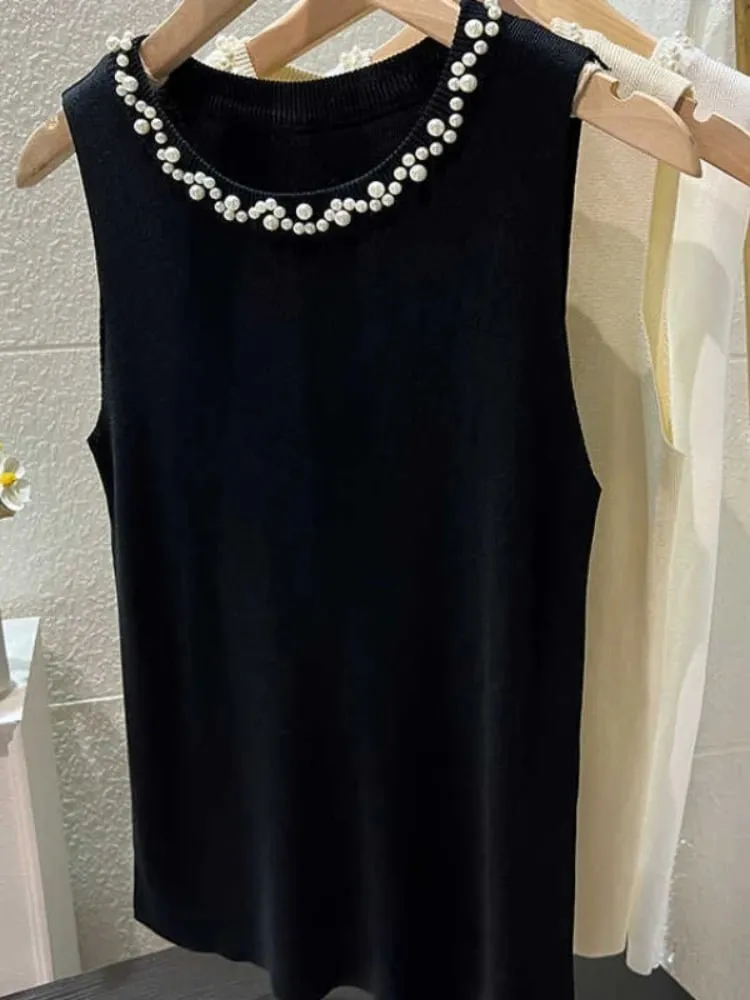 White Women Camisole 2026 New Summer Slim Thin Ice Silk Knit Vest Trendy Beaded Decor O-Neck Sleeveless Tank Top — image 5