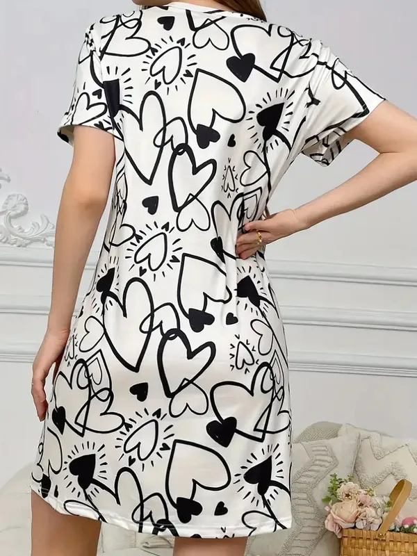 Women's Summer Casual Heart-Shaped Pattern Printed T-Shirt Dress - Suitable for Women's Daily Wear and Home Wear — image 2