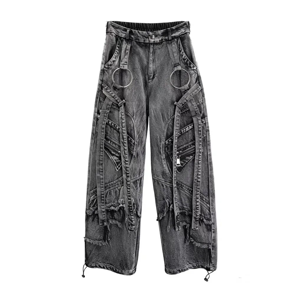 Deconstructed Straps Washed Vintage Cargo Jeans Man Woman Techwear Wasteland Style Wide Leg Tactical Baggy Pants Street Wear